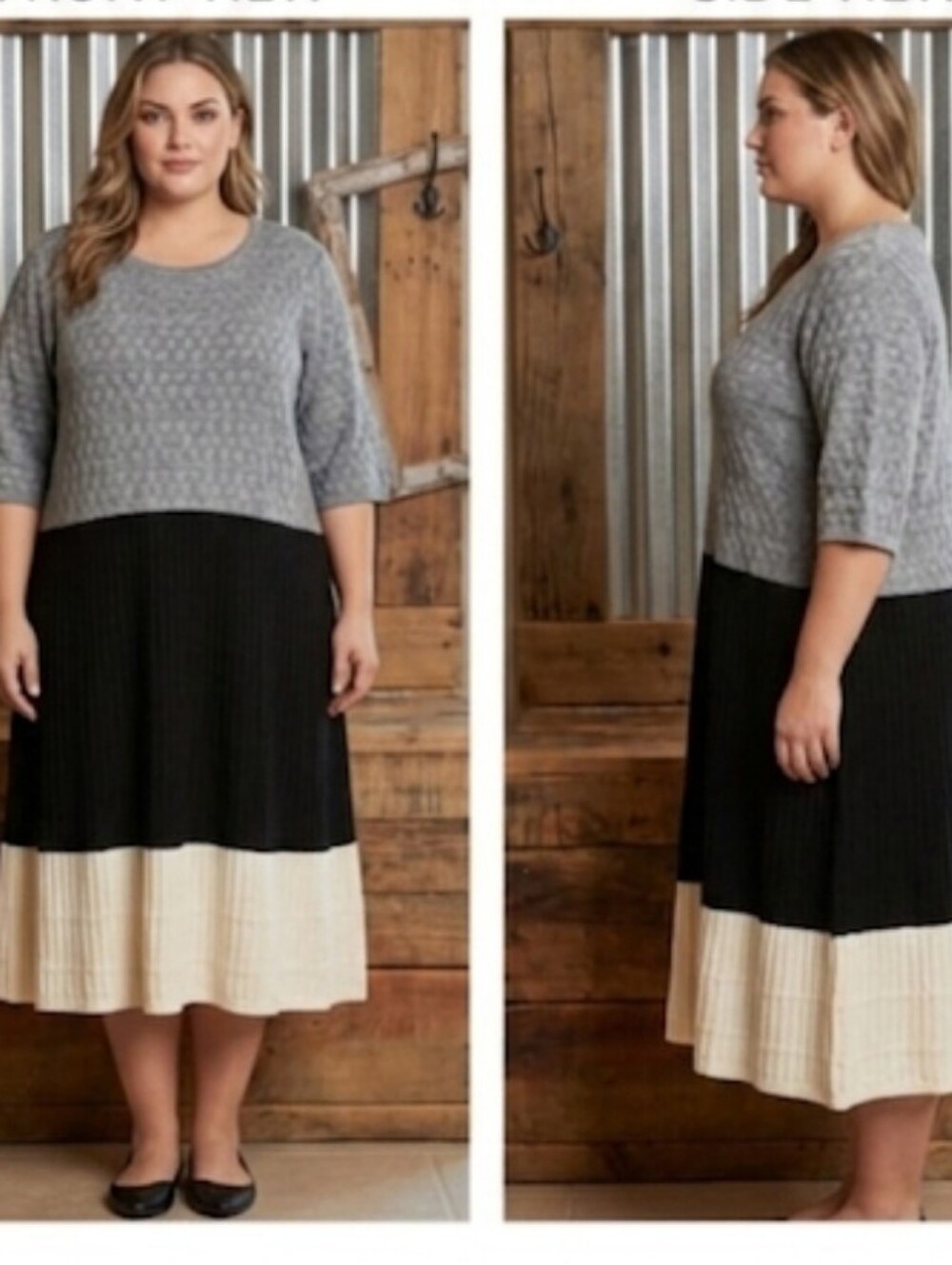 New 1X knit sweater Dress colorblock flare black grey ivory